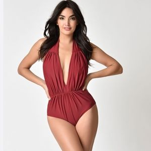 Unique Vintage Burgandy Halter Shirred Derek One Piece Swimsuit